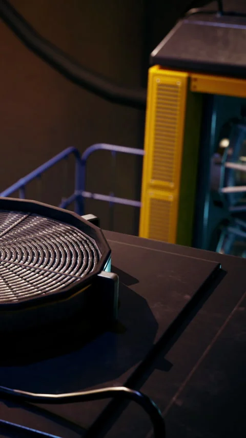 Circular grill rests on a dark surface with vibrant machinery in a busy kitchen Stockbeeldmateriaal 331833769