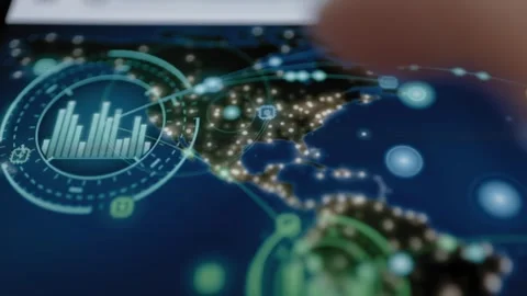 Circular growth chart overlays a brightly connected North American map Stock Footage 342486183