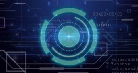 Circular GUI appearing on grid, rotating arcs, code stream, updating timer, Stock Footage 326193105