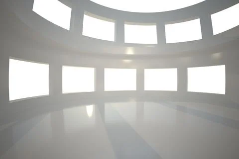 Circular hall interior is being shown in 3D render featuring curved walls and Foto stock