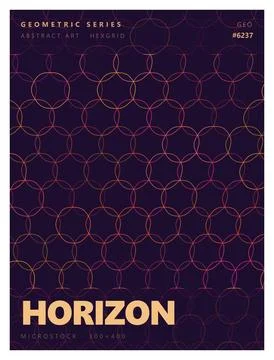 Circular hexgrid pattern poster with glowing neon lines on dark background. Stock Illustration