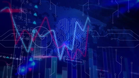 Circular highlight causing two-tone graphs oscillating, linking nodes pulsing Stock Footage 310283186
