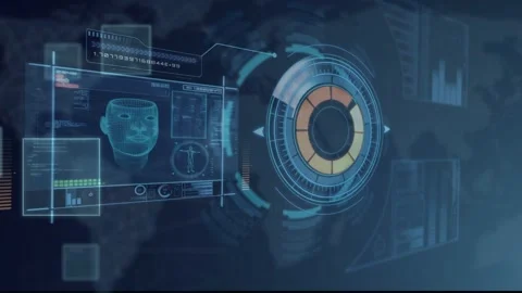 Circular holo HUD appearing rotating rings and pulsing segments while data panel Stock Footage 334810953