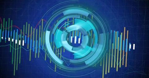 Circular holographic display rotating in data grid with ring segments, bar 스톡 일러스트