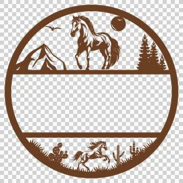 Circular Horse Mountain Desert Frame horses walking and Stock Illustration