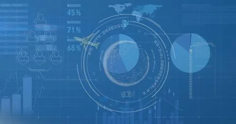 Circular HUD 3D globe visualization rotating in dashboard, with airplane icon Stock Photos