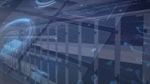 Circular HUD appearing above server racks, starting panels and code scanning Stock Footage 333963230