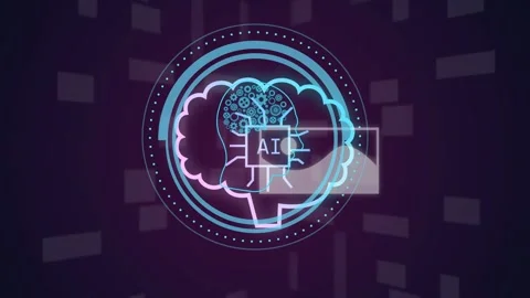 Circular HUD appearing, AI emblem morphing into brain-cloud and processing Stock Footage 334338066