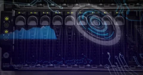 Circular HUD appearing on drive array, waveform shifting, traces sliding, LEDs Stock Footage 321824769