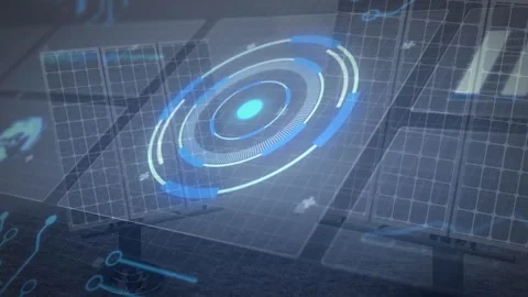 Circular HUD appearing over solar array pulsing rings sweeping arcs rotating Stock Footage 328245900