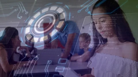 Circular HUD appearing over table initiating AR overlay while teen girl holding Stock Footage 329946565