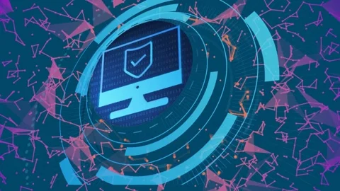 Circular HUD assembly forming with mesh drawing inward, rotating around monitor Stock Footage 334013868