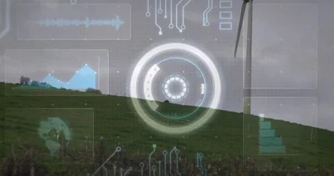 Circular HUD being displayed on hillside with wind turbine rising under waveform Stock Footage 307429870