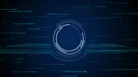 Circular HUD data interface with blue binary code, glowing ring display, grid Stock Footage 334127045