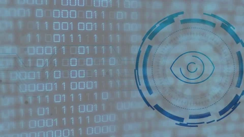 Circular HUD with eye icon activating on binary matrix, fading, aligning, Stock Footage 328225202