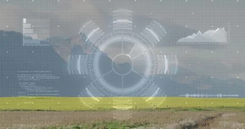 Circular HUD interface overlaying rural farmland, with radial segments, charts Foto stock