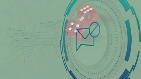 Circular HUD mail icon staying fixed as red dice entering top-right, rolling Stock Footage 328656624