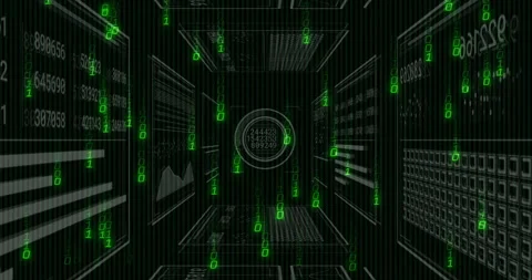 Circular HUD showing numeric data with floating panels and cascading binary code Stock Footage 309286748