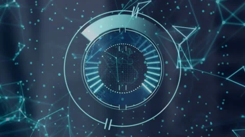 Circular HUD-style interface featuring glowing turquoise nodes and triangular Stock Footage 308677076