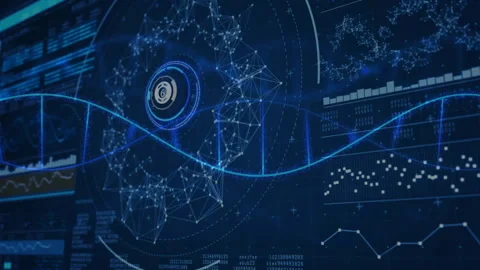 Circular icon emerging glowing, network growing, waveform sweeping, charts Stock Footage 313307269