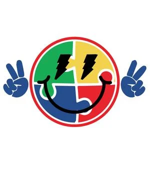 A circular icon made of jigsaw pieces flanked by hands showing peace signs on Stock Illustration