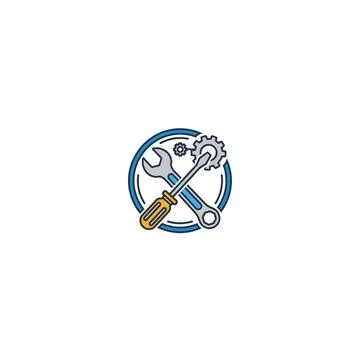 Circular icon with tools, gears, and border Stock Illustration
