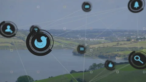 Circular icons floating over lakeside network, connecting blue bird, chat, bell Video stock 308678046