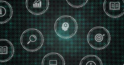 Circular icons forming grid pulsing drifting teal glow sweeping showing search Stock Illustration