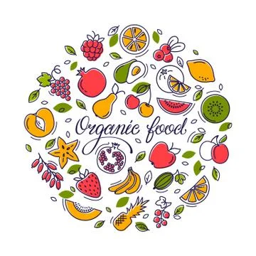 Circular illustration with fruit and text for shop, printing, website design. Stock Illustration