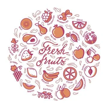 Circular illustration with fruit and text for shop, printing, website design. Stock Illustration