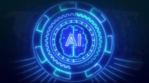 Circular interface animation with blue neon ai brain icon. Circular interfa.. Stock Footage 341127899