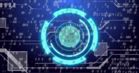 Circular interface emerging at center, rings rotating and bits streaming, Stock Footage 312905232