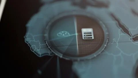Circular interface places a cloud network beside a server rack 库存照片