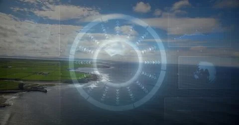 Circular interface showing rings, arrow indicators hovering over coastal Stock Photos