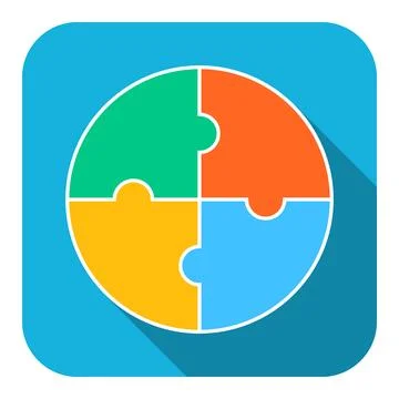 Circular jigsaw puzzle icon with four colorful pieces in flat design Stock Illustration