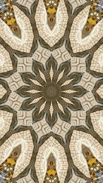 Circular kaleidoscope pattern created from beige fabric human portraits. Stock Illustration