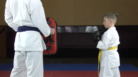 A circular kick is trained by an athlete on a red simulator Stock Footage 125457562