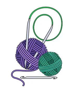 Circular knitting needles, crochet hook and balls of yarn - vector full-color Stock Illustration