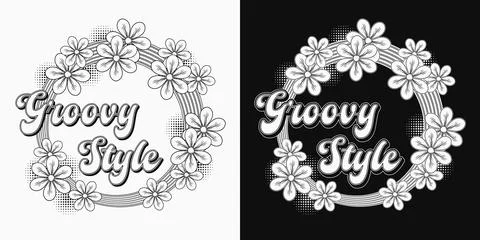 Circular label with text, chamomile flowers Stock Illustration