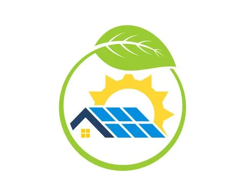 Circular leaf with house and solar panel inside Stock Illustration