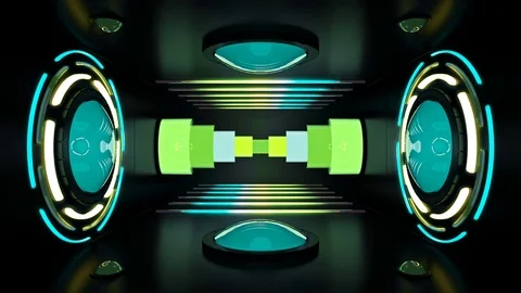 Circular lights and neon tubes in room with spinning reactor Stock-Footage 69931121