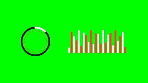A circular loading icon displayed next to a vertical bar audio spectrum graph Stock Footage 340903583