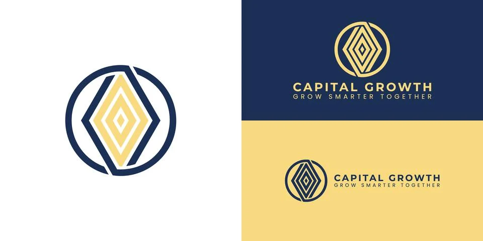 The circular logo features an interlocking blue and gold design Stock Illustration