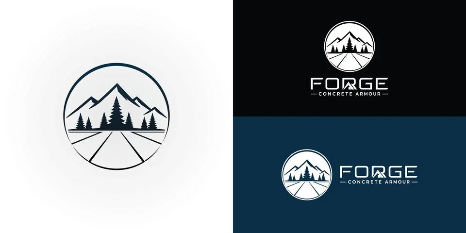 The circular logo features mountain peaks, a dense pine forest Stock Illustration