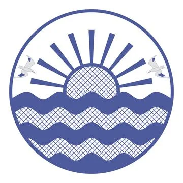 Circular logo with sun over waves and seagulls Stock Illustration