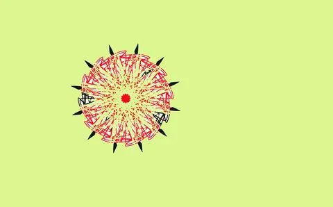 Circular mandala with red, black, and yellow elements on green background Stock Illustration