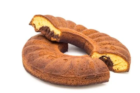 Circular marbled cake cut in half Stock Photos