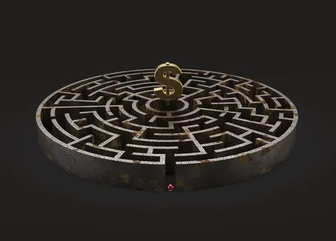 Circular Maze made of rusty iron with Dollar Symbol in the middle Stock Illustration