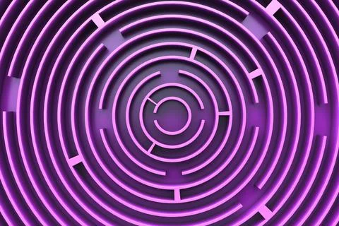 Circular maze in purple style. Top view. Stock Illustration
