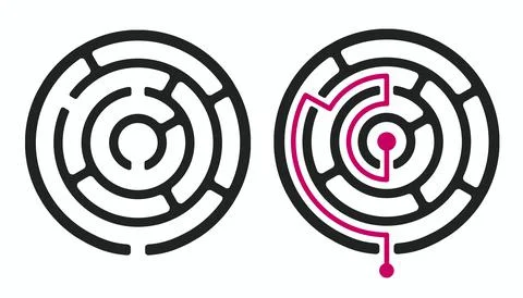 Circular maze with solution path Illustrazione stock